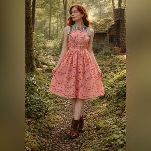Unique Vintage Pink Mushroom Print Gingham Midi Dress Sz S Retro Cottagecore